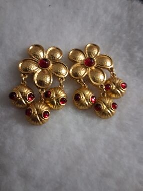 Gold Floral Drop Earrings with Red Stone Accents